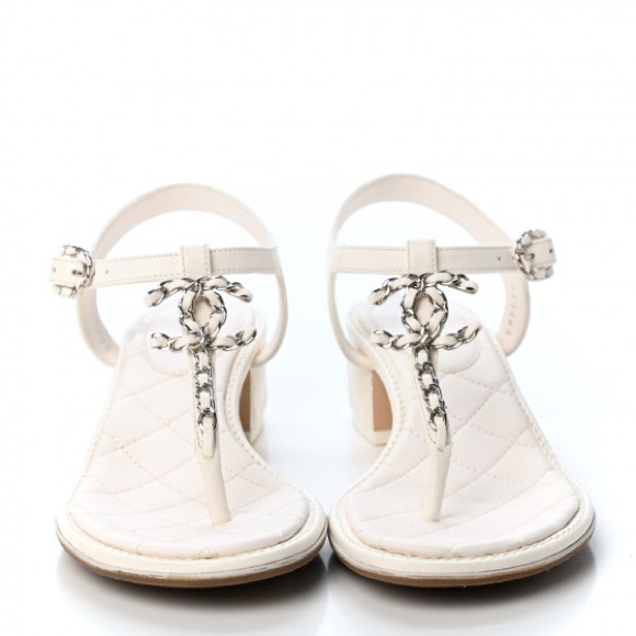 Chanel Lambskin Chain CC Logo Thong Sandals 38 White - Picture 1 of 14